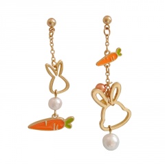 S925 Silver Needle Asymmetrical Stud Earrings Rabbit carrot