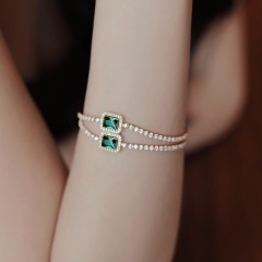 Copper Inlaid White CZ With Gemstone Bracelet 15+6cm Green