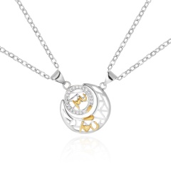 Moon Sun I love you couple stitching copper silver-plated necklace set (Pendant size: 2.8*2.1/2*1.3cm, chain length: 45cm) silver
