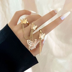 Butterfly Ring Set Two Fingers Conjoined Chain Tassel Opening Adjustable Tassel Rings For Women Gold
