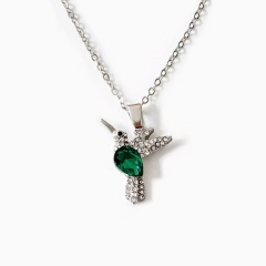 Silver Bird Inlay Rhinestone And Gemstone Necklace 45+5 CM Green