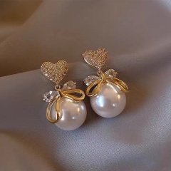 Copper Inlay CZ With Imitation Pearl Gold Earrings White