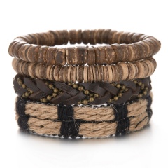 Coconut Shell Bead Leather Hand Woven Bracelet 4PCS/Set