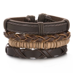 Wooden Bead Leather Hand Woven Bracelet 4PCS/Set