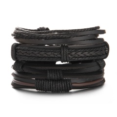 Black Leather Hand Woven Bracelet 4PCS/Set
