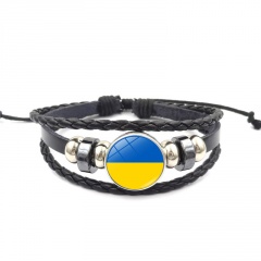 Ukrainian Flag Color Gemstone Leather Knit Adjustable Bracelet Black