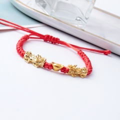 Handmake Knit Gold Pixiu Beads Adjustable Bracelet Red