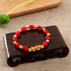 Handmake Imitation Gemstone Beads With Pixiu Bead Elastic Bracelet Red