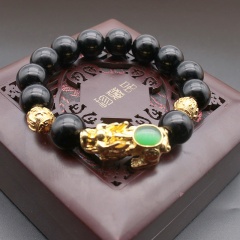 Handmake Agate Gemstone Beads With Gold Pixiu Elastic Bracelet Black