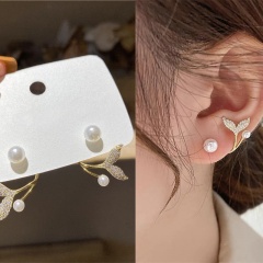 Inlay Rhinestone With Pearl S925 Needle Gold Earrings 3.5*2.5cm White