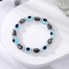 Evil Eye Beads With Obsidian Spacer Beads Handmake Elastic Bracelet Light Blue