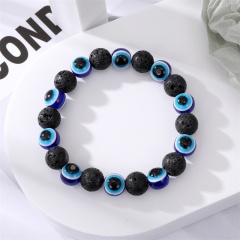 Black Lava Gemstone Space Blue Evil Eye Beads Elastic Bracelet Black
