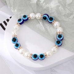 Pearl Space Evil Eye Beads Elastic Bracelet White+Blue