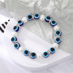 Pearl Space Evil Eye Beads Elastic Bracelet White+Blue