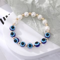 Pearl And Evil Eye Beads Elastic Bracelet White+Blue