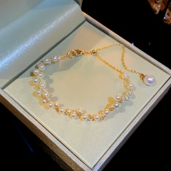 White Freshwater Pearl Adjustable Bracelet Gold