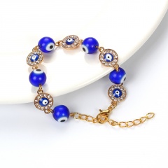 10 mm Blue Evil Eye Round Beads Inlaid Rhinestone Handmade Bracelet 25cm Gold