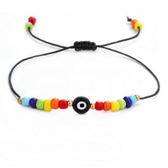 Colored Charm Beads Evil Eye Knit Adjustable Rope Bracelet With Gold Space Beads Black
