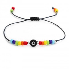 Colored Charm Beads Evil Eye Knit Adjustable Rope Bracelet With Silver Space Beads Black