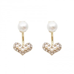 Heart Inlaid Rhinestone Pearl Gold Earrings 1.2*2cm White