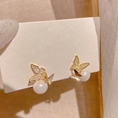 S925 Needle Copper Inlaid CZ With Pearl Earrings Gold