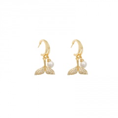 S925 Needle Copper Inlaid CZ White Pearl Earring 1.4*2.2cm Gold