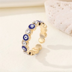 Copper Inlay Rhinestone Evil Eye Gold Open Rings Blue