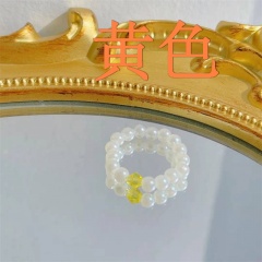 1PC White Pearl With Color Crystal Bead Elastic Ring Yellow