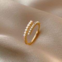 Inlaid Rhinestone With Pearl Open Ring Inradium 1.7 cm Gold