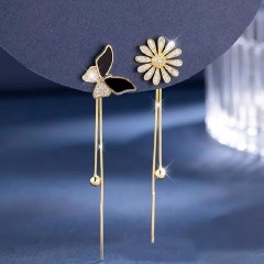 Fashion Daisy Flower Butterfly Tassel Gold Earring 2.2*7cm Black Butterlfy