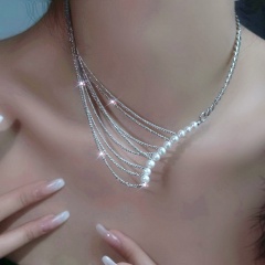White Pearl Charm Silver Necklace Chain 41+5cm White