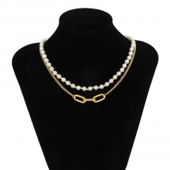 White Pearl And Chain Necklace 40+7cm Gold
