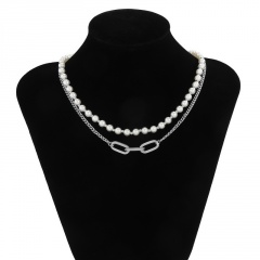 White Pearl And Chain Necklace 40+7cm Silver