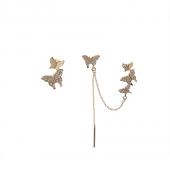 Inlaid Rhinestone Butterfly Tassel asymmetric Earbone Clip Earrings 9.9*1.4cm Gold