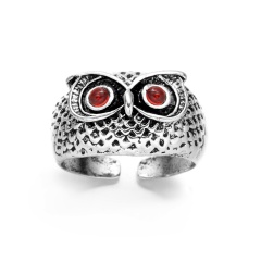 Inlaid Color Rhinestone Owl Retro Silver Open Ring Red