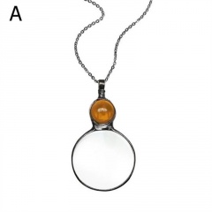 Inlaid Gemstone Magnifying Glass Pendant Necklace 80cm Orange