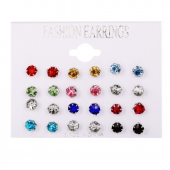 12Pairs/Set 7mm Color Rhinestone Silver Earring Set 7 mm