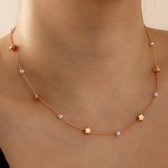 Bohemian Style Pearl Beads Charm Necklace 42+5cm Gold