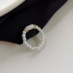 White Pearl With Gemstone Bead Elastic Ring Jade